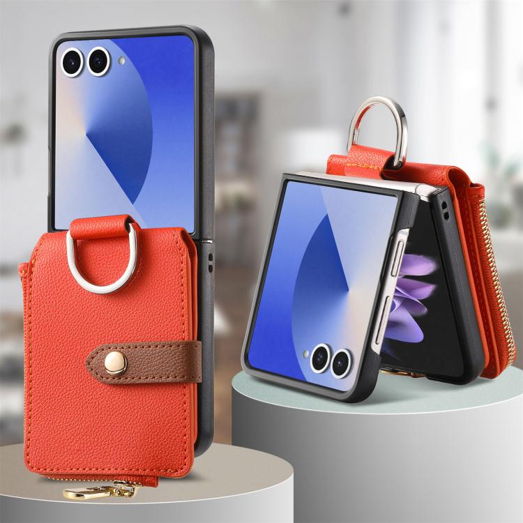 Funda tipo cartera con cremallera vertical y anillo con textura de lichi para Samsung Galaxy Z Flip7 5G (naranja)