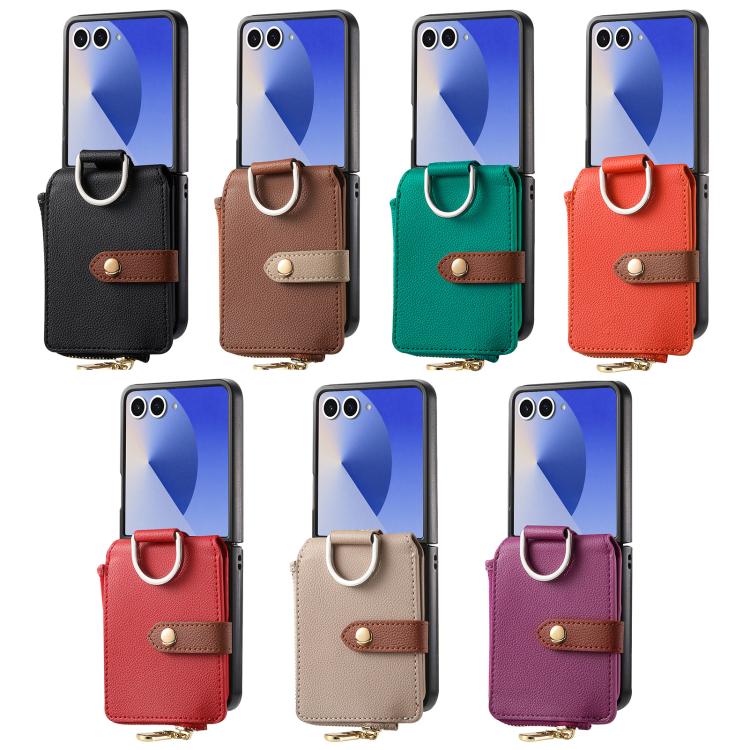 Funda tipo cartera con cremallera vertical y anillo con textura de lichi para Samsung Galaxy Z Flip7 5G (marrón)