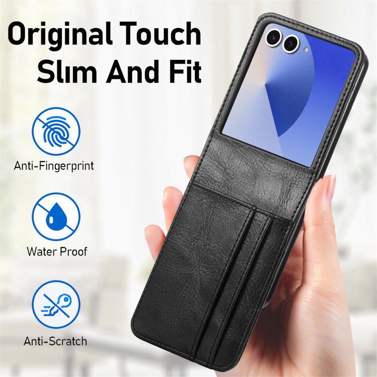 Funda de cuero con ranura para tarjetas y tapa vertical para Samsung Galaxy Z Flip7 5G (negro)