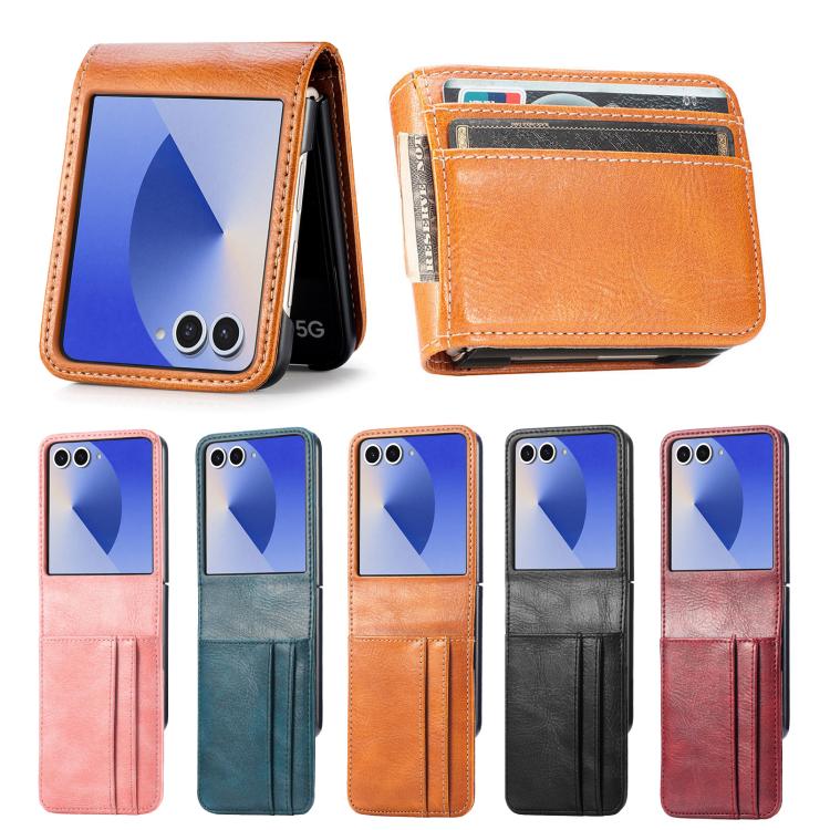 Funda de cuero con ranura para tarjetas y tapa vertical para Samsung Galaxy Z Flip7 5G (marrón)