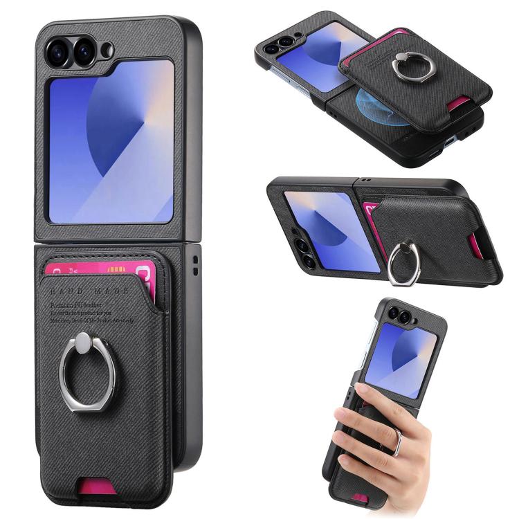 Funda magnética con anillo para Samsung Galaxy Z Flip6 5G, de tela sarga y tarjetero (negra)