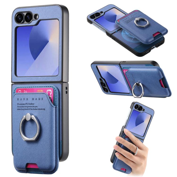Funda magnética con anillo para Samsung Galaxy Z Flip6 5G, de tela sarga y tarjetero (azul)