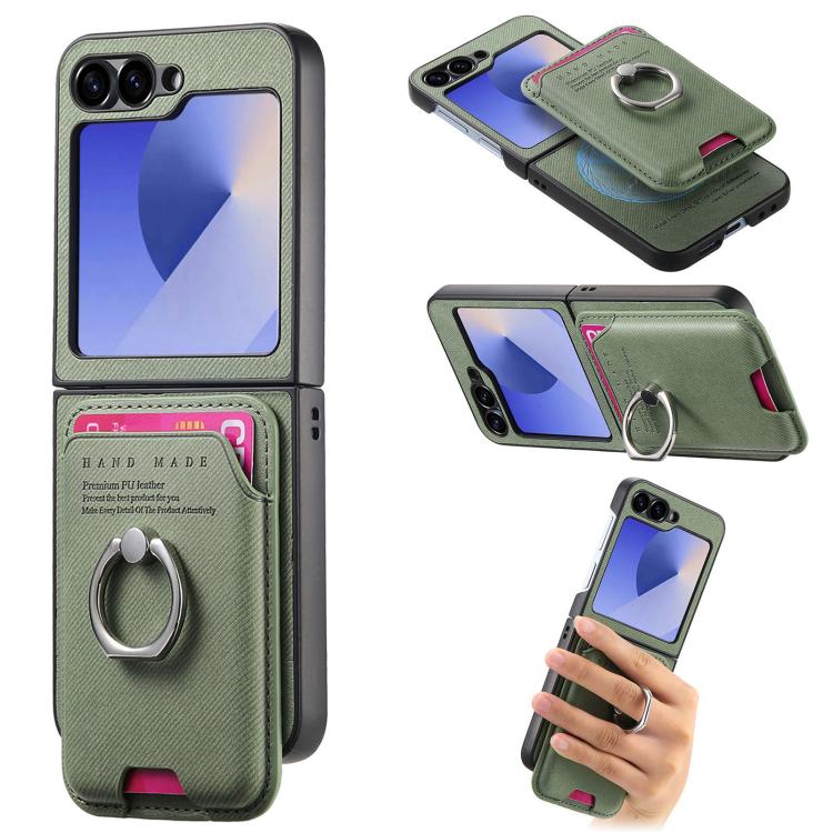 Funda magnética con anillo para Samsung Galaxy Z Flip5 5G, de tela sarga y tarjetero (verde)