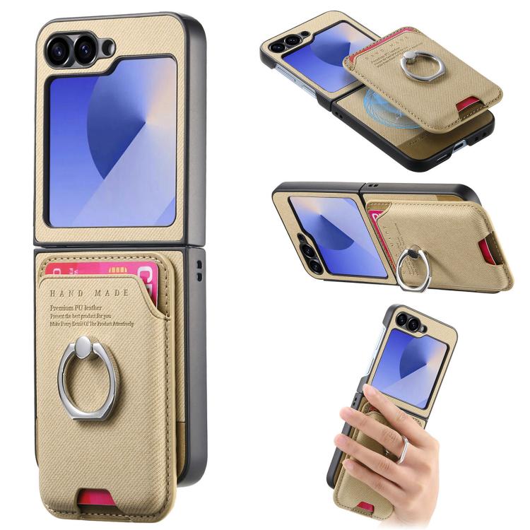 Funda de tela sarga con anillo magnético para Samsung Galaxy Z Flip5 5G (caqui)