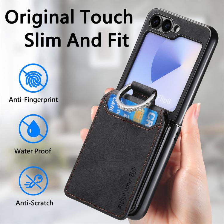 Funda tipo cartera con tapa vertical y anillo de cuero retro para Samsung Galaxy Z Flip5 5G (negro)