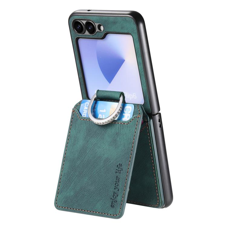 Funda tipo cartera con tapa vertical y anillo de cuero retro para Samsung Galaxy Z Flip5 5G (verde)