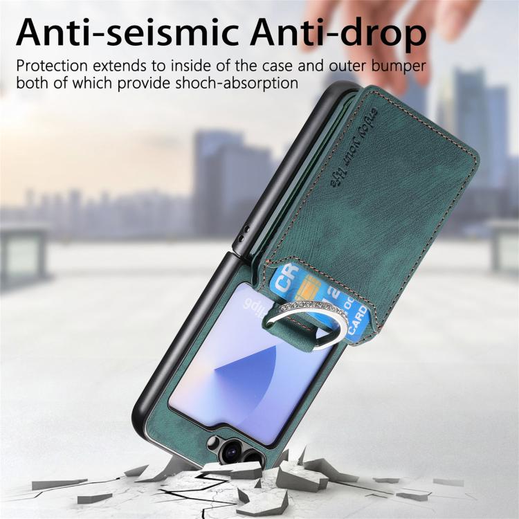 Funda tipo cartera con tapa vertical y anillo de cuero retro para Samsung Galaxy Z Flip5 5G (verde)