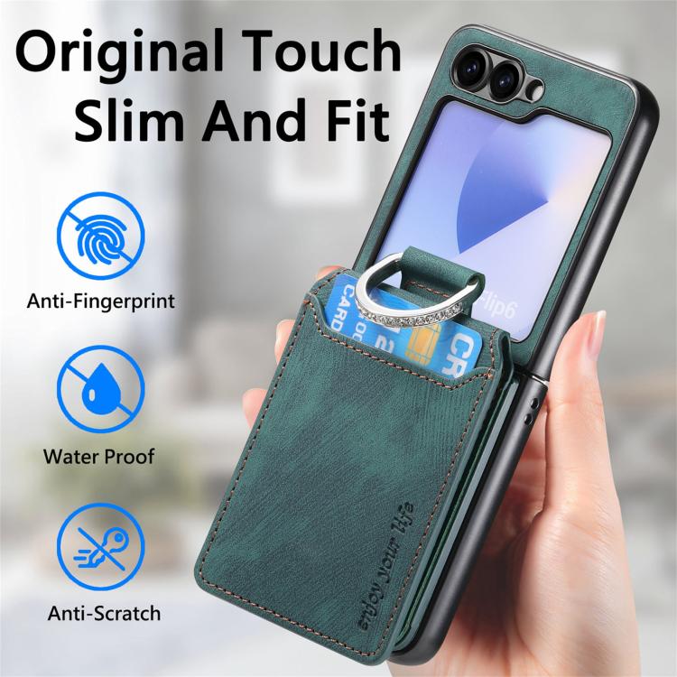 Funda tipo cartera con tapa vertical y anillo de cuero retro para Samsung Galaxy Z Flip5 5G (verde)
