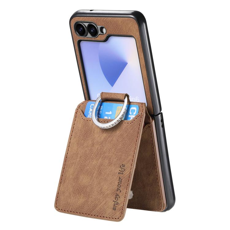 Funda tipo cartera con tapa vertical y anillo de cuero retro para Samsung Galaxy Z Flip5 5G (marrón)