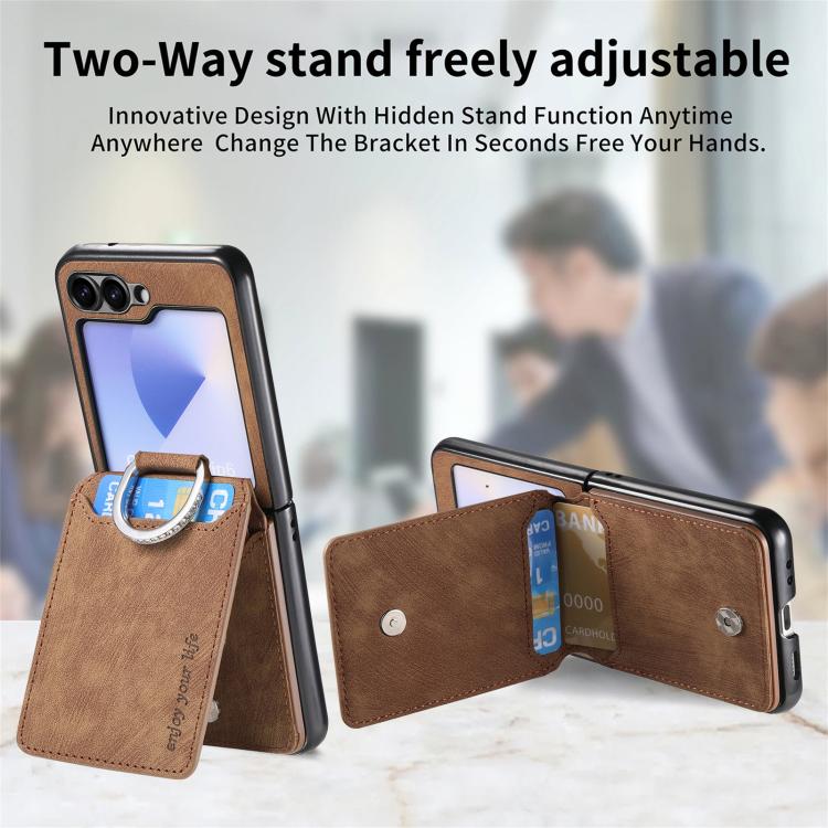 Funda tipo cartera con tapa vertical y anillo de cuero retro para Samsung Galaxy Z Flip5 5G (marrón)