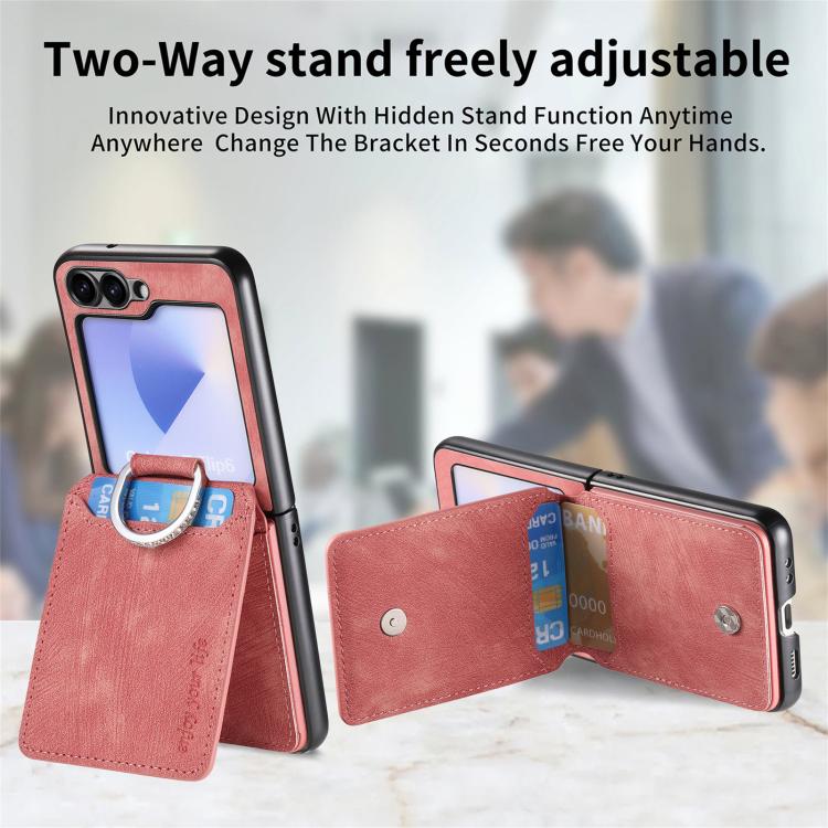 Funda tipo cartera con tapa vertical y anillo de cuero retro para Samsung Galaxy Z Flip6 5G (rosa)