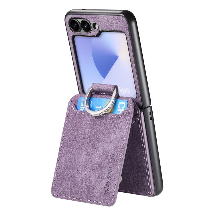 Funda tipo cartera con tapa vertical y anillo de cuero retro para Samsung Galaxy Z Flip6 5G (morado)
