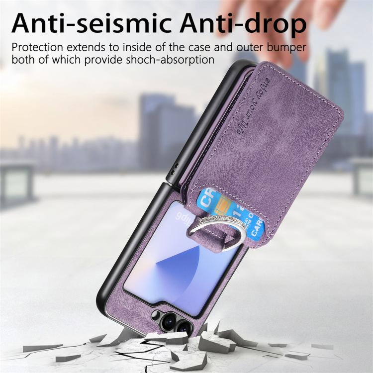 Funda tipo cartera con tapa vertical y anillo de cuero retro para Samsung Galaxy Z Flip6 5G (morado)