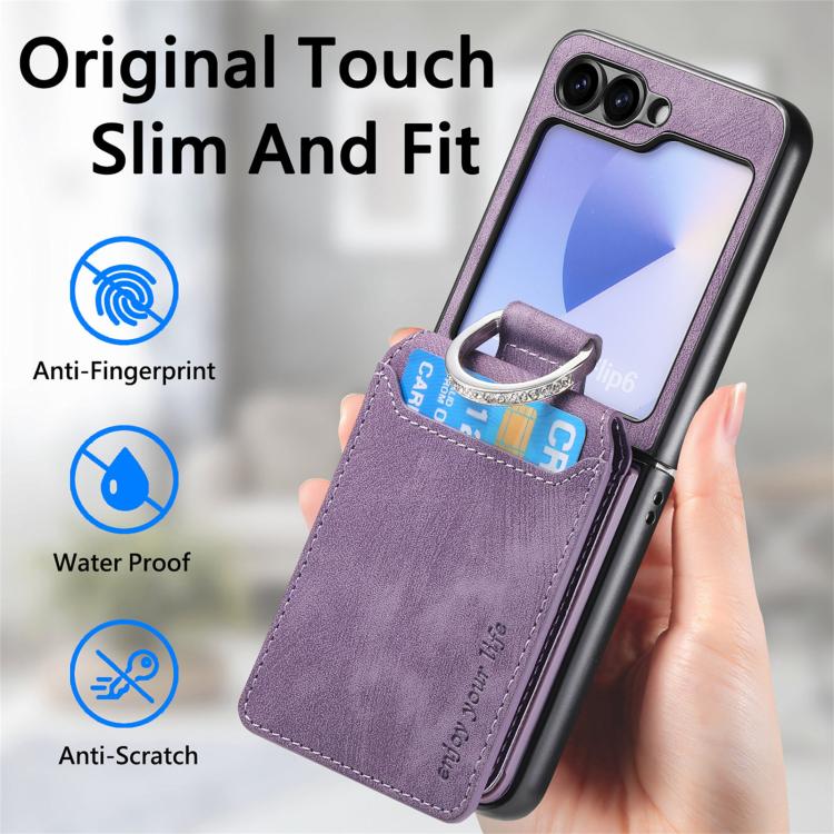Funda tipo cartera con tapa vertical y anillo de cuero retro para Samsung Galaxy Z Flip6 5G (morado)