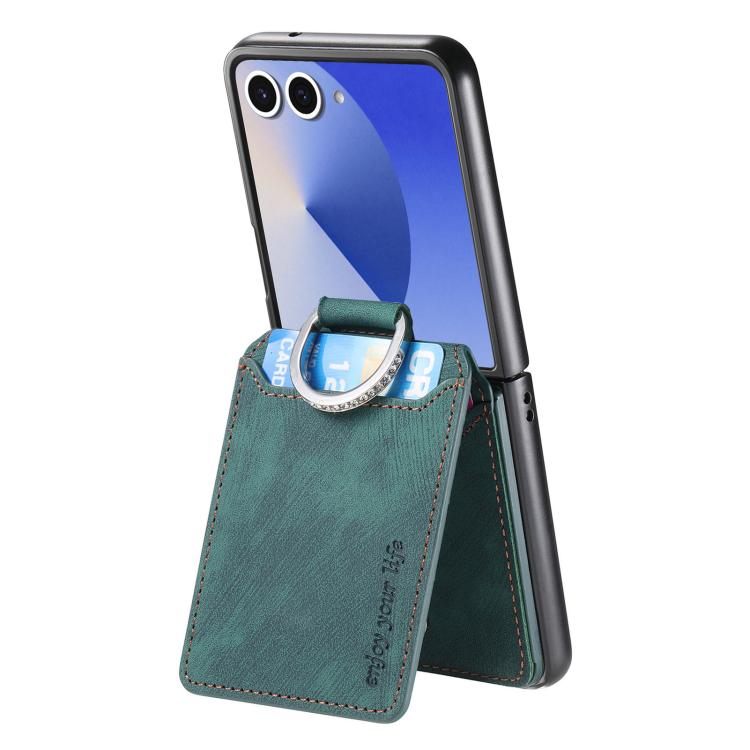 Funda tipo cartera con tapa vertical y anillo de cuero retro para Samsung Galaxy Z Flip7 5G (verde)