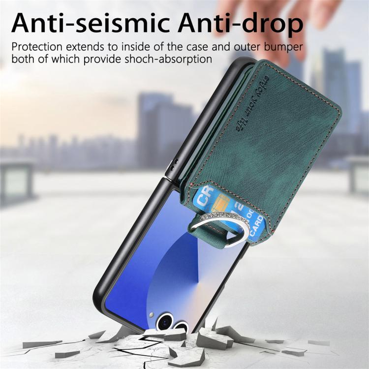 Funda tipo cartera con tapa vertical y anillo de cuero retro para Samsung Galaxy Z Flip7 5G (verde)
