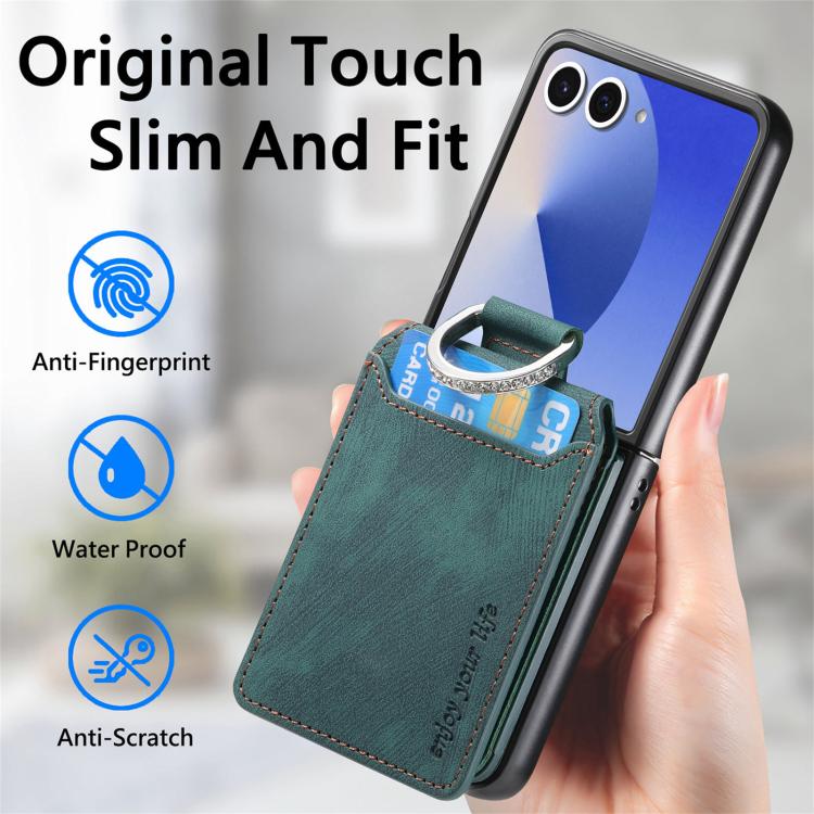 Funda tipo cartera con tapa vertical y anillo de cuero retro para Samsung Galaxy Z Flip7 5G (verde)