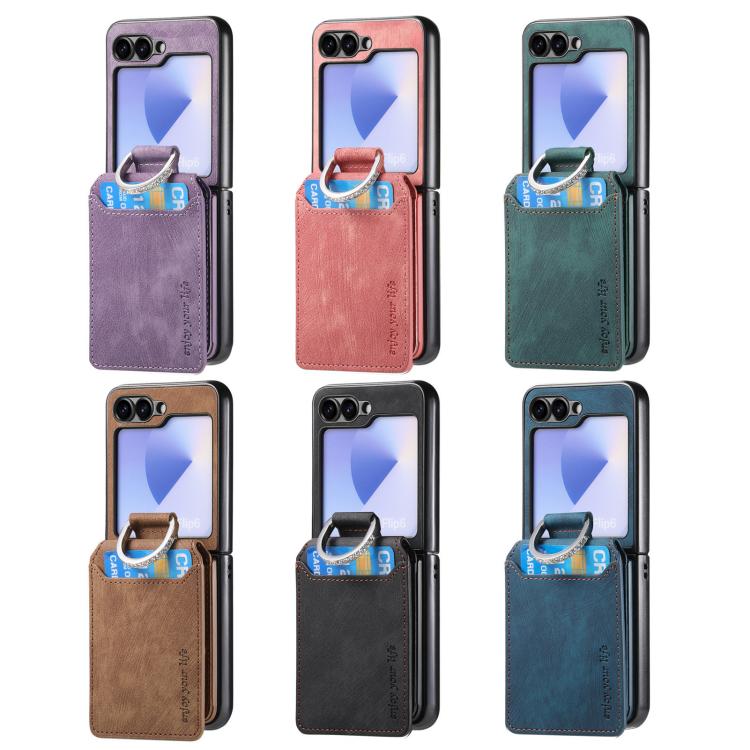 Funda tipo cartera con tapa vertical y anillo de cuero retro para Samsung Galaxy Z Flip5 5G (marrón)