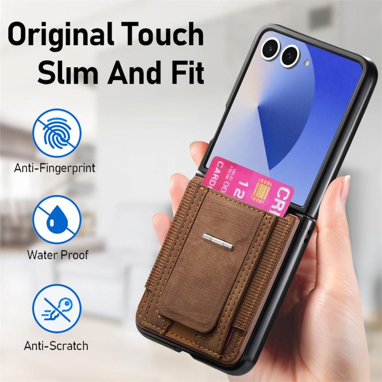 Funda de cuero retro plegable con soporte y tarjetero elástico para Samsung Galaxy Z Flip7 5G (marrón)