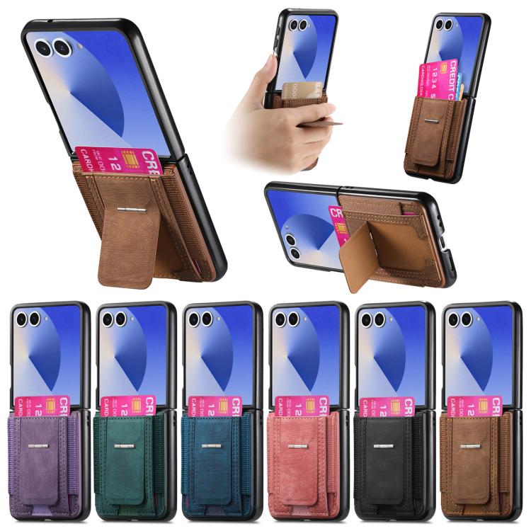 Funda de cuero retro plegable con soporte y tarjetero elástico para Samsung Galaxy Z Flip7 5G (morado)