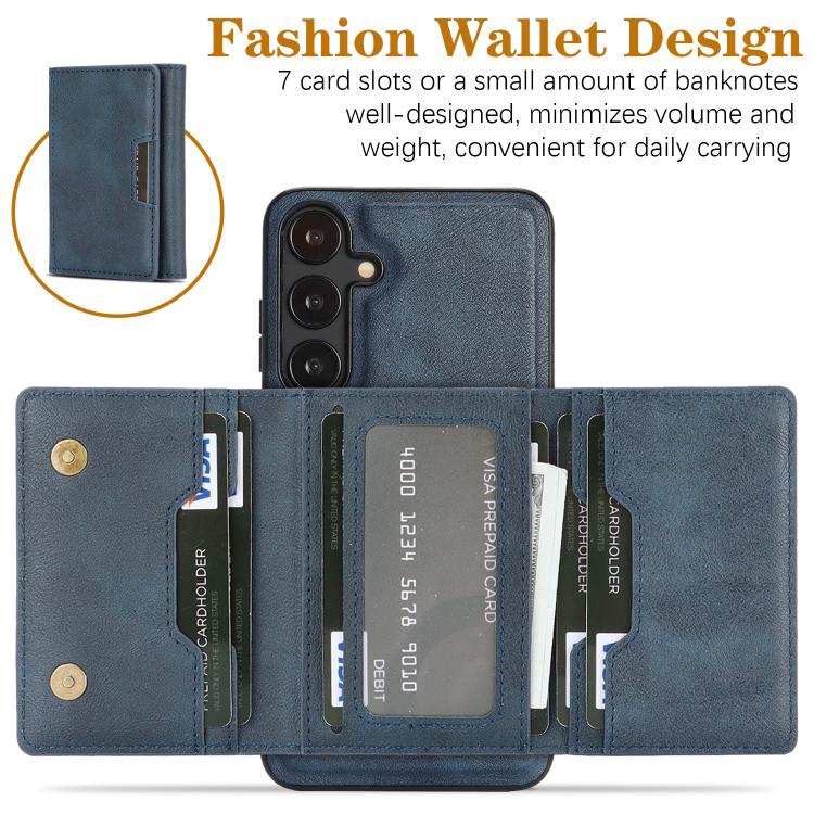 Funda de cuero plegable triple Kalebol con imán fuerte MagSafe para Samsung Galaxy S25 5G (azul)