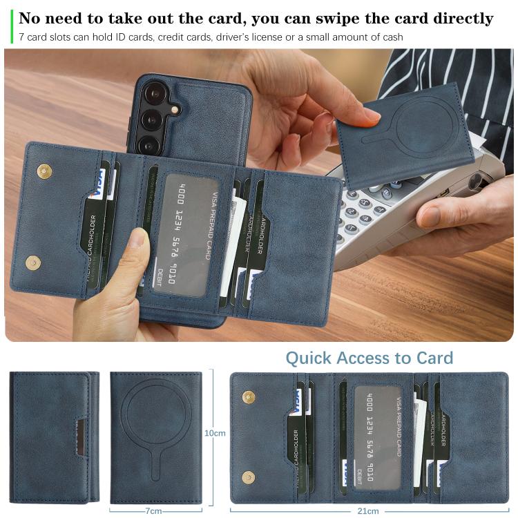 Funda de cuero plegable triple Kalebol con imán fuerte MagSafe para Samsung Galaxy S25 5G (azul)