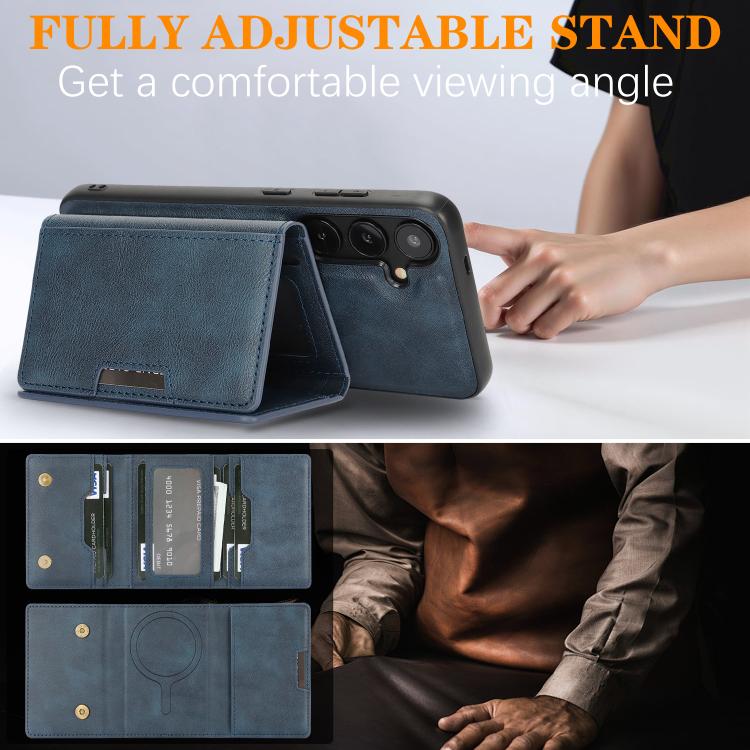 Funda de cuero plegable triple Kalebol con imán fuerte MagSafe para Samsung Galaxy S25 5G (azul)