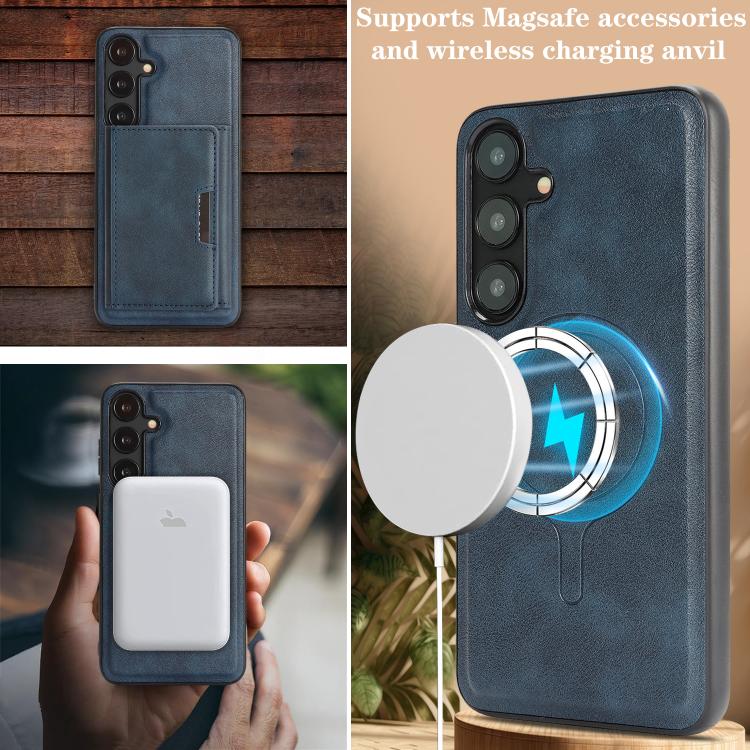 Funda de cuero plegable triple Kalebol con imán fuerte MagSafe para Samsung Galaxy S25 5G (azul)
