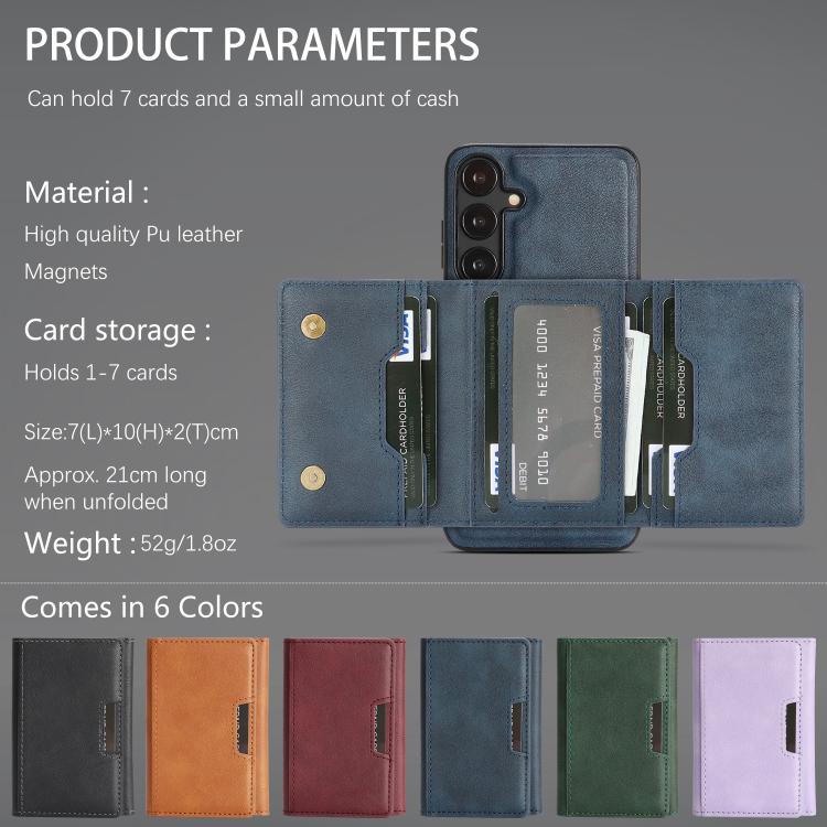 Funda de cuero plegable triple Kalebol con imán fuerte MagSafe para Samsung Galaxy S25 5G (azul)