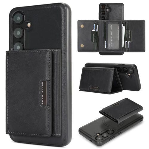 Funda de cuero plegable triple Kalebol con imán fuerte MagSafe para Samsung Galaxy S25+ 5G (negra)