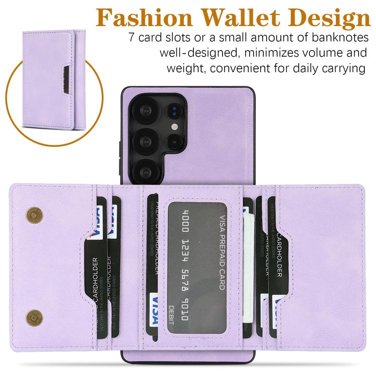 Funda de cuero plegable triple Kalebol con imán fuerte MagSafe para Samsung Galaxy S25 Ultra 5G (morado)