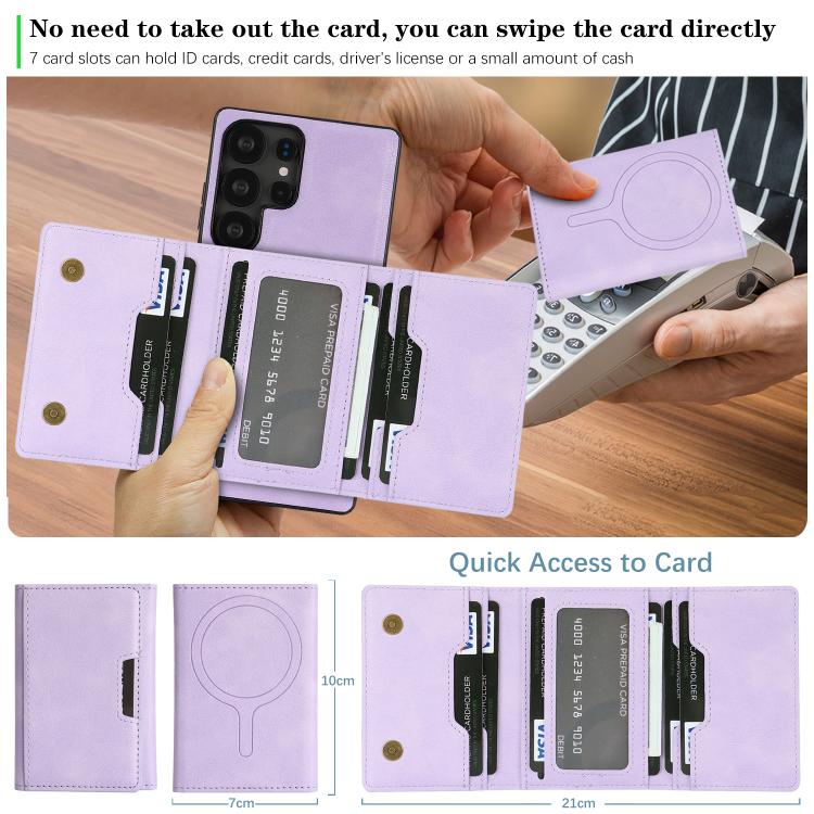 Funda de cuero plegable triple Kalebol con imán fuerte MagSafe para Samsung Galaxy S25 Ultra 5G (morado)