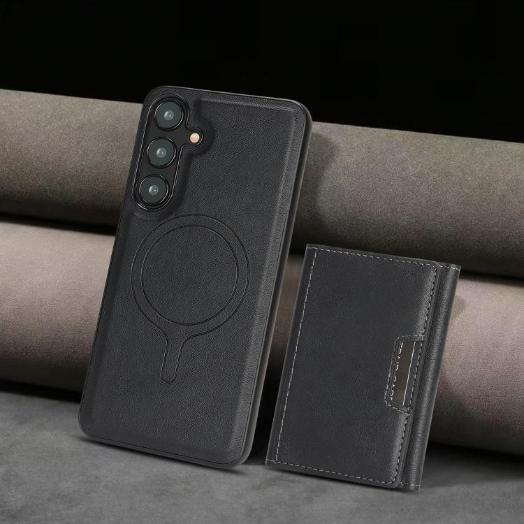 Funda de cuero plegable triple Kalebol con imán fuerte MagSafe para Samsung Galaxy S24+ 5G (negra)
