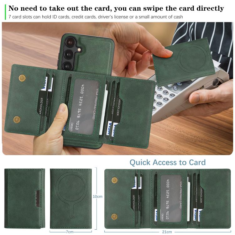 Funda de cuero plegable triple Kalebol con imán fuerte MagSafe para Samsung Galaxy S24+ 5G (verde)