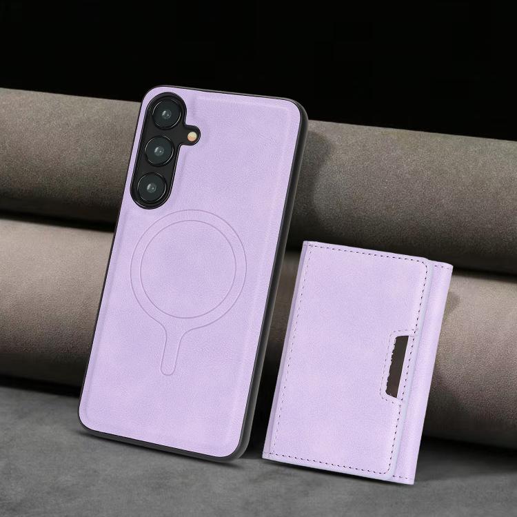 Funda de cuero plegable triple Kalebol con imán fuerte MagSafe para Samsung Galaxy S24 5G (morado)