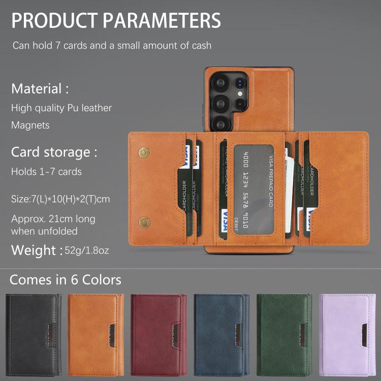 Funda de cuero plegable triple con imán fuerte MagSafe para Samsung Galaxy S23 Ultra 5G (marrón)