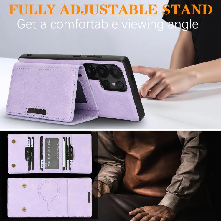 Funda de cuero plegable triple con imán fuerte MagSafe para Samsung Galaxy S23 Ultra 5G (morado)