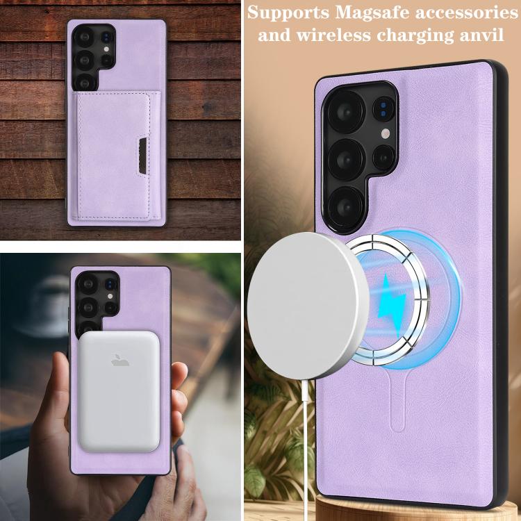 Funda de cuero plegable triple con imán fuerte MagSafe para Samsung Galaxy S23 Ultra 5G (morado)