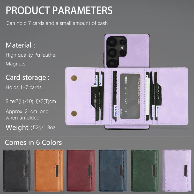 Funda de cuero plegable triple con imán fuerte MagSafe para Samsung Galaxy S23 Ultra 5G (morado)