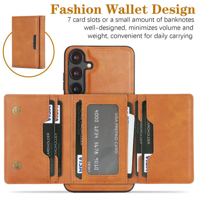 Funda de cuero plegable triple Kalebol con imán fuerte MagSafe para Samsung Galaxy S23+ 5G (marrón)