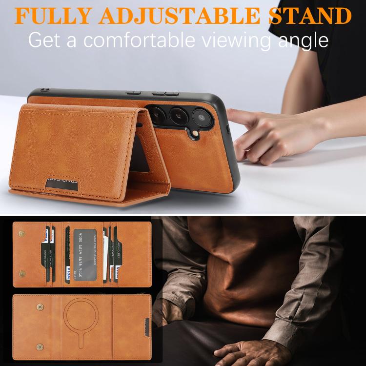 Funda de cuero plegable triple Kalebol con imán fuerte MagSafe para Samsung Galaxy S23+ 5G (marrón)