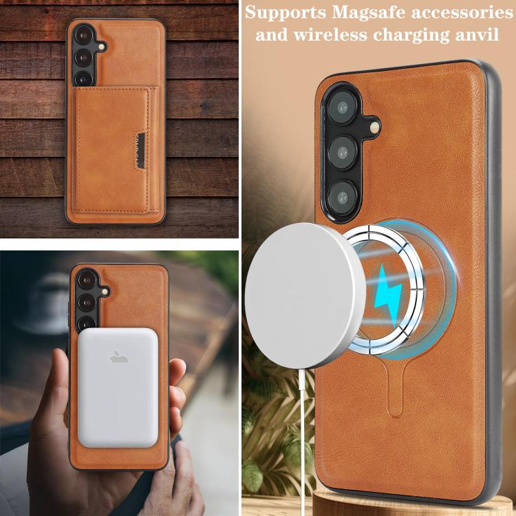 Funda de cuero plegable triple Kalebol con imán fuerte MagSafe para Samsung Galaxy S23+ 5G (marrón)