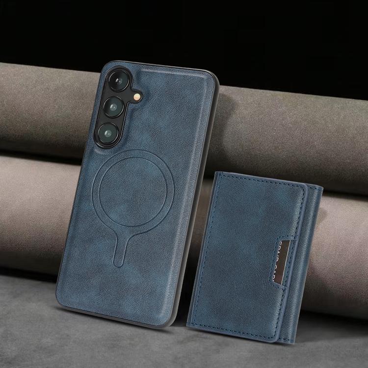 Funda de cuero plegable triple Kalebol con imán fuerte MagSafe para Samsung Galaxy S23 5G (azul)