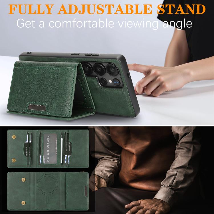 Funda de cuero plegable triple con imán fuerte MagSafe para Samsung Galaxy S22 Ultra 5G (verde)
