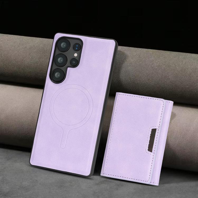 Funda de cuero plegable triple con imán fuerte MagSafe para Samsung Galaxy S22 Ultra 5G (morado)