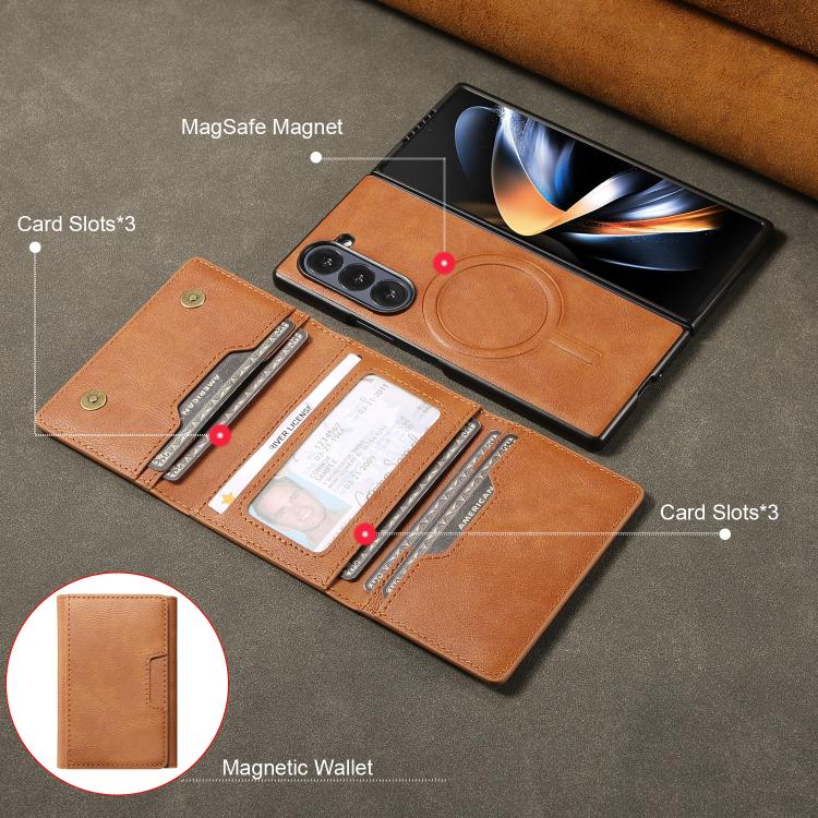 Funda de cuero plegable triple con imán fuerte Kalebol para Samsung Galaxy Z Fold7 (marrón)