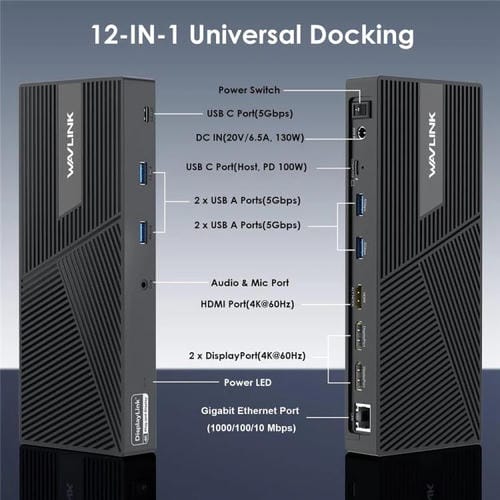 Estación de carga WAVLINK UG69PD24 DisplayLink 12 en 1 PD 100 W para Thunderbolt 4/3 (Enchufe australiano)
