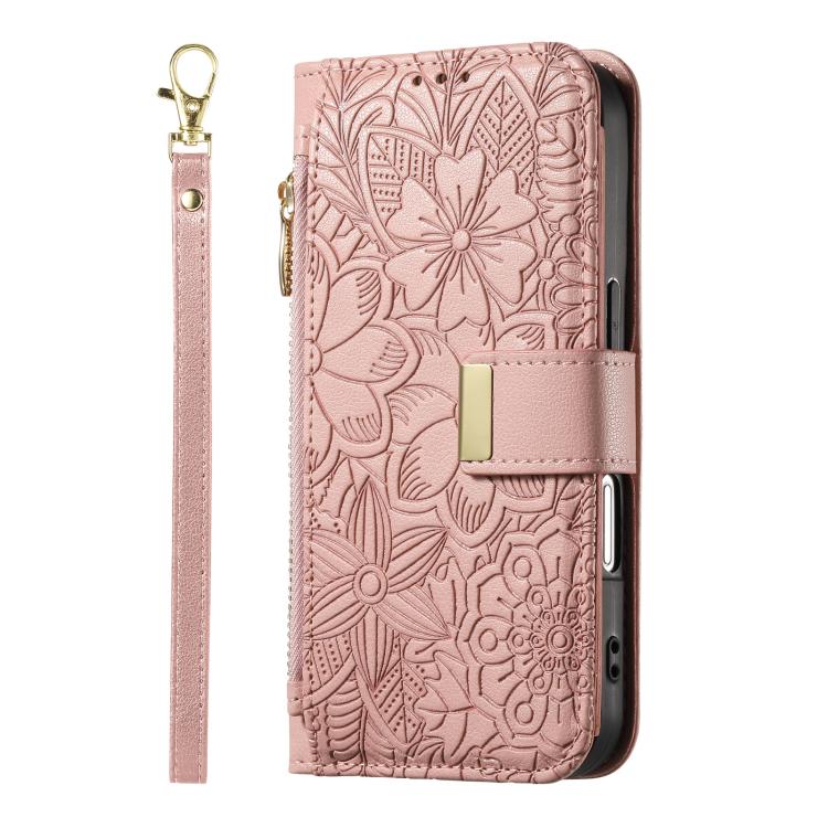 Funda de cuero con cremallera y correa para Samsung Galaxy S25 5G, diseño de flores y hojas (rosa)