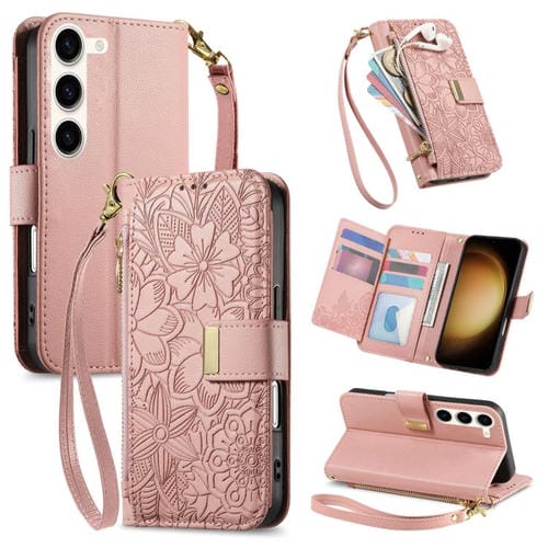 Funda de cuero con cremallera y correa para Samsung Galaxy S23+ 5G, diseño de flores y hojas (rosa)