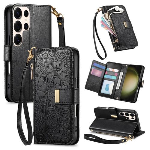 Funda de cuero con cremallera y correa para Samsung Galaxy S23 Ultra 5G, diseño de flores y hojas (negro)